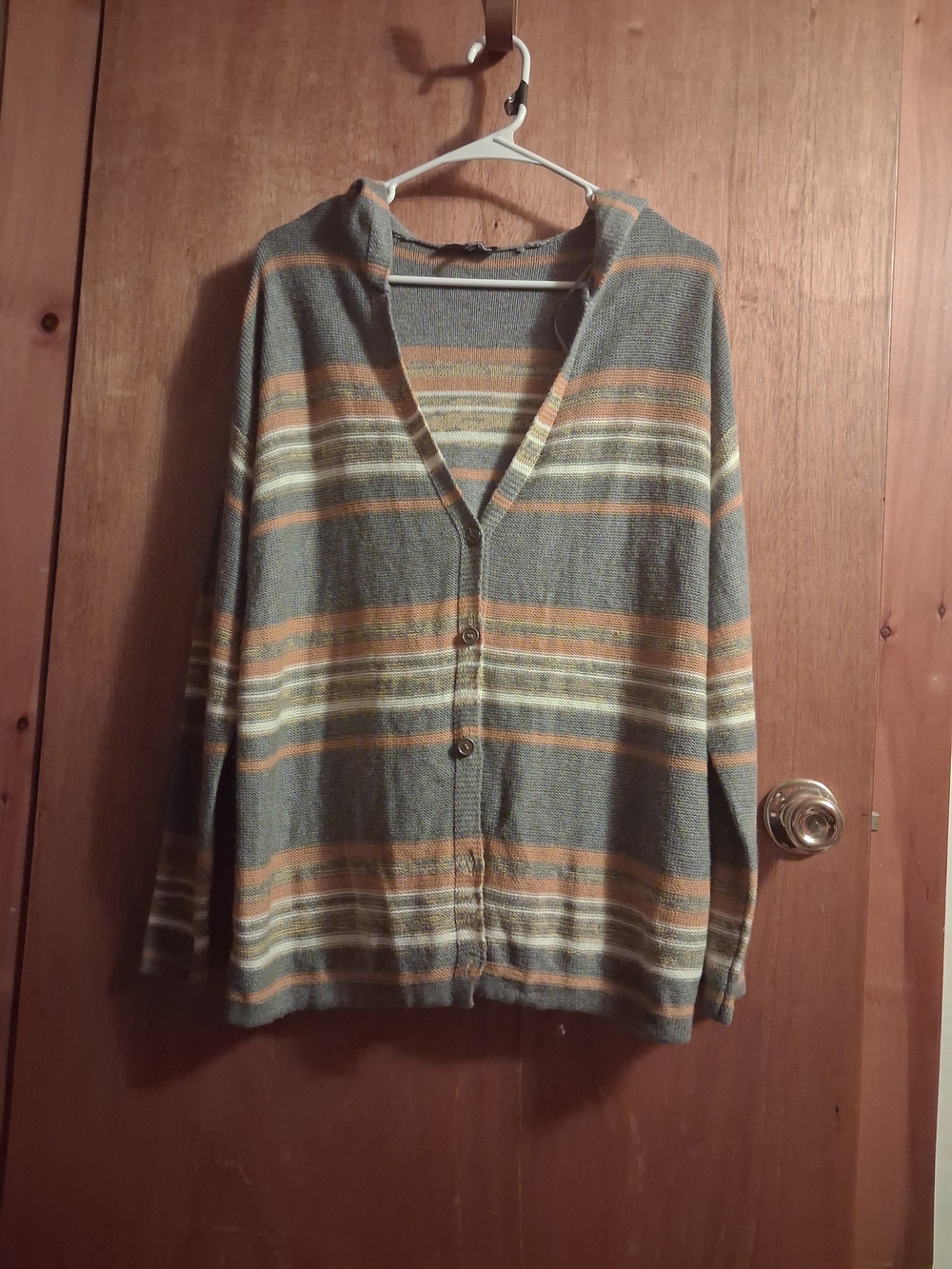 Freshman Striped Hooded Button-Front Sweater in Green, Tan and Cream
